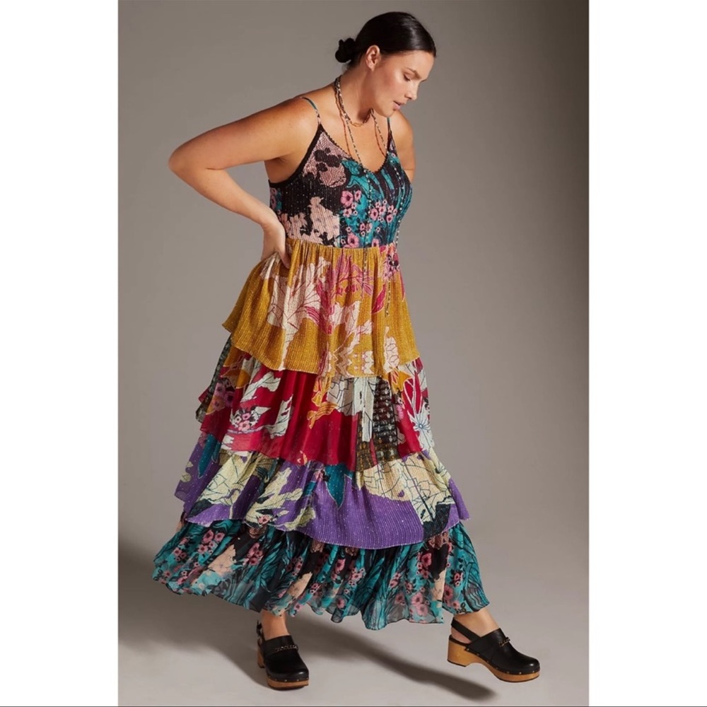Anthropologie x Bhanuni by Jyoti Tiered Mixed Print Embellished Maxi Dress - Picture 1 of 11
